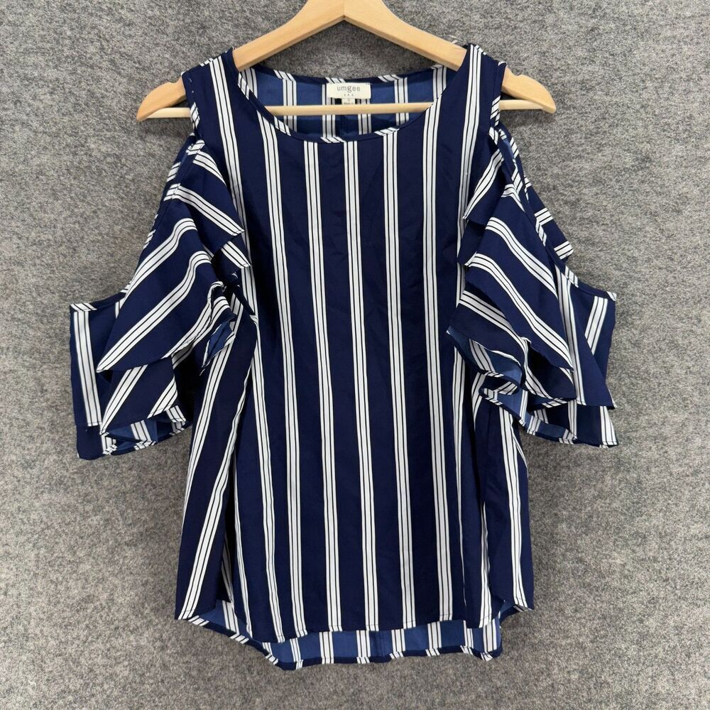Umgee Blouse Women S Small Blue Striped Cold Shoulder 3/4 Sleeve Round Neck